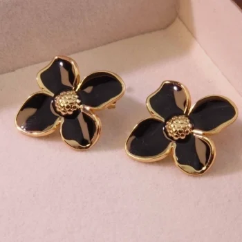 Orecchini Fiore Smaltato Nero - immagine 2